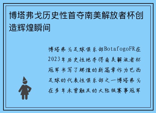 博塔弗戈历史性首夺南美解放者杯创造辉煌瞬间 博塔弗戈历史性首夺南美解放者杯创造辉煌瞬间